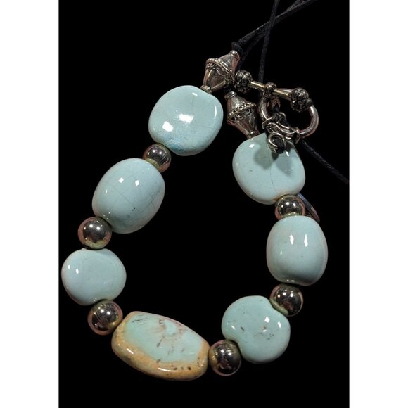 Handmade Light Blue Ceramic Beaded Necklace With Silver Tone Accents - Picture 3 of 8
